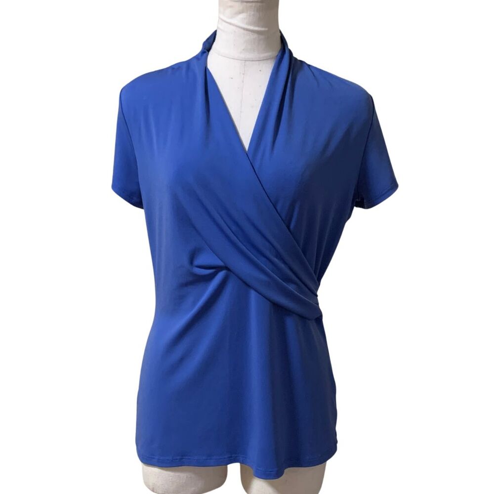 Charter Club Blue Faux Wrap Stretch V-Neck Short Sleeve Top Size M